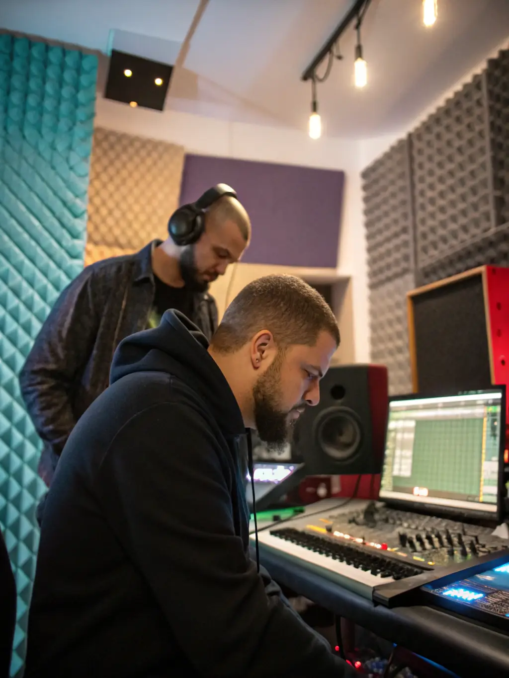 A photo of artists in a recording studio, working on a collaborative project supported by ASS MES MEUHS STRA, emphasizing the organization's commitment to artist development.
