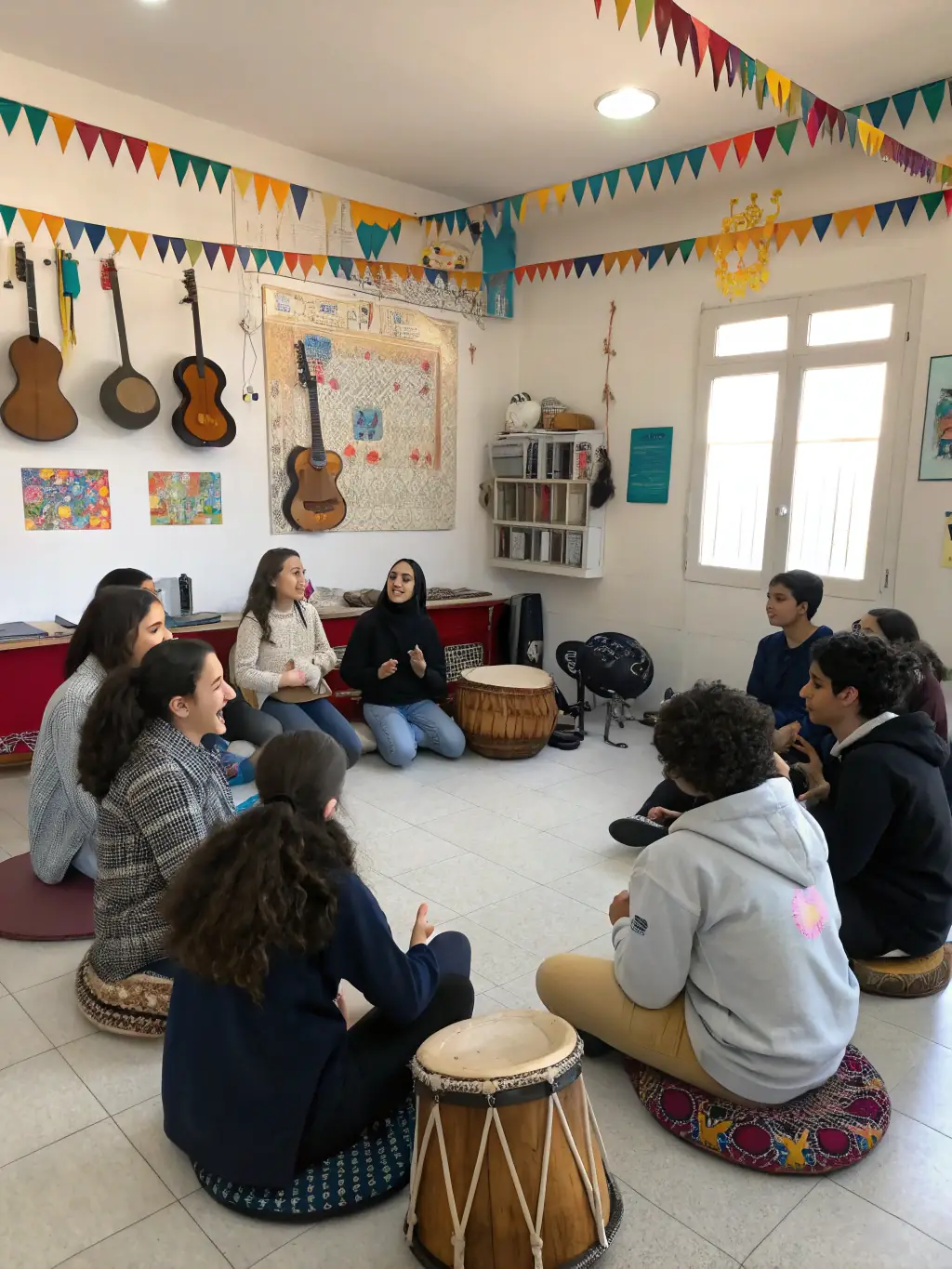 A group of community members participating in a musical workshop facilitated by ASS MES MEUHS STRA, demonstrating the organization's commitment to community engagement and cultural accessibility.
