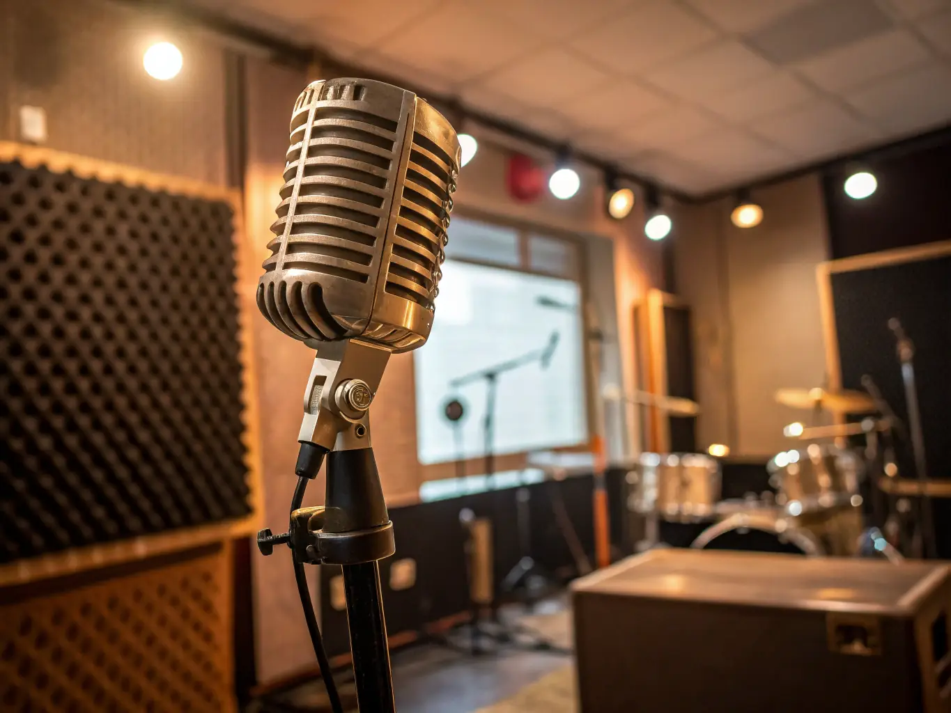 A microphone stand with a high-quality microphone attached, representing the essential tools for vocal performances and recordings.
