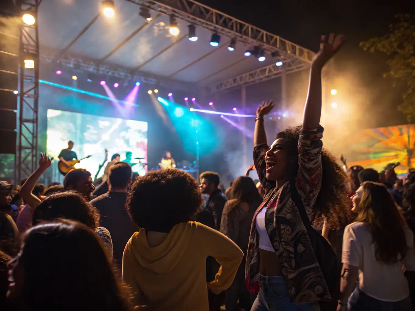 A photograph capturing the energy of a live music concert, featuring a diverse crowd enjoying the performance under stage lights. The image should convey excitement and community spirit.