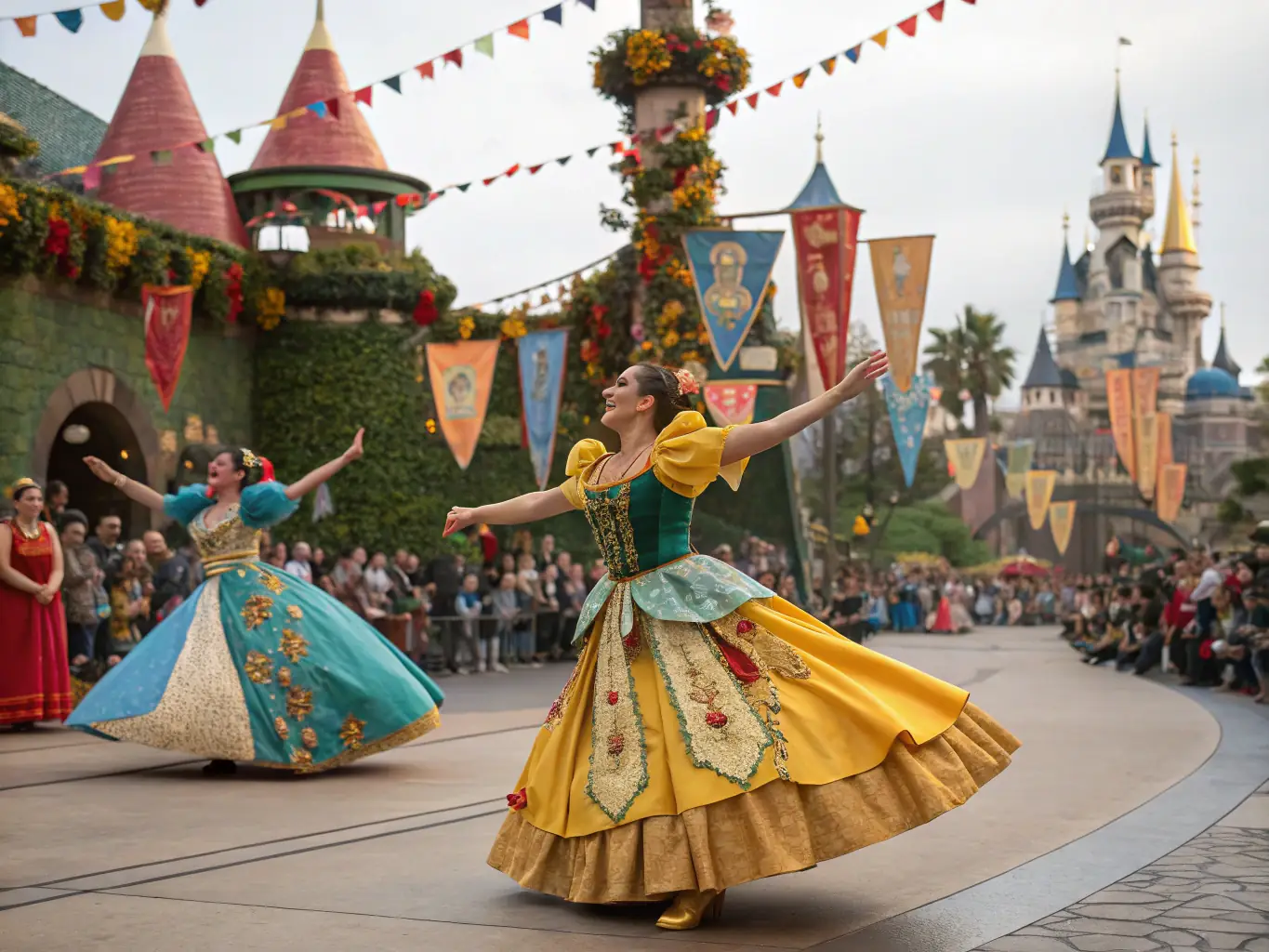 A photograph of a cultural festival showcasing traditional dances and costumes, with participants and audience members actively engaged in the celebration.