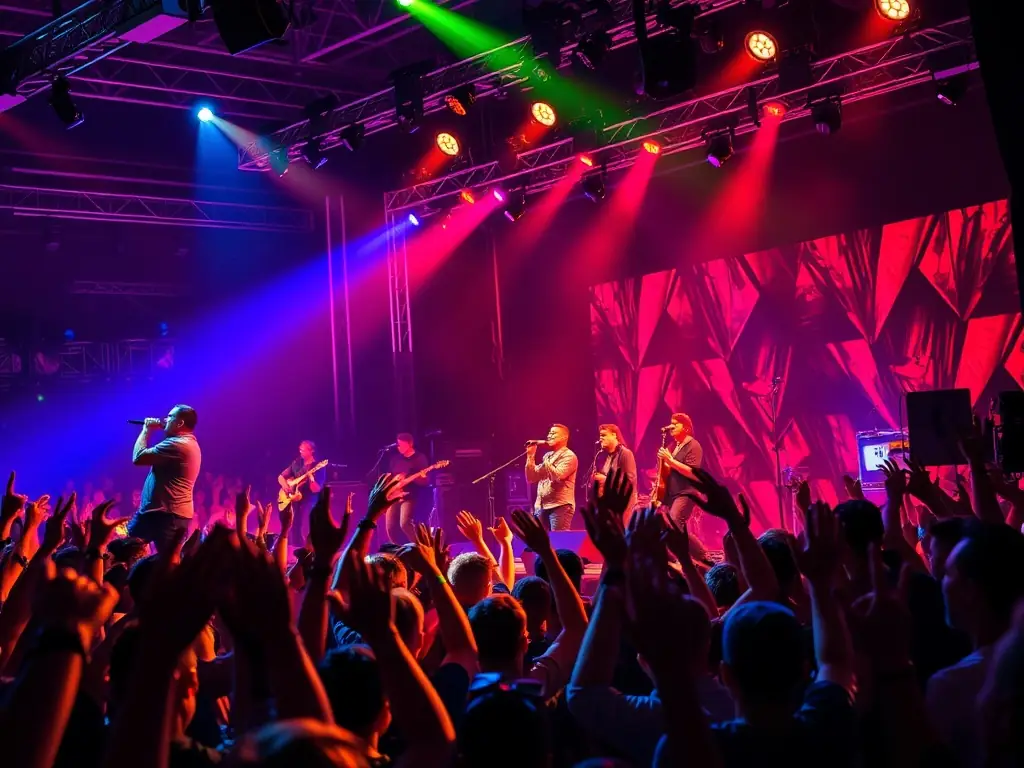 A vibrant image depicting a live concert organized by ASS MES MEUHS STRA, showcasing musicians on stage and an engaged audience enjoying the performance. The image should convey the energy and excitement of live music.