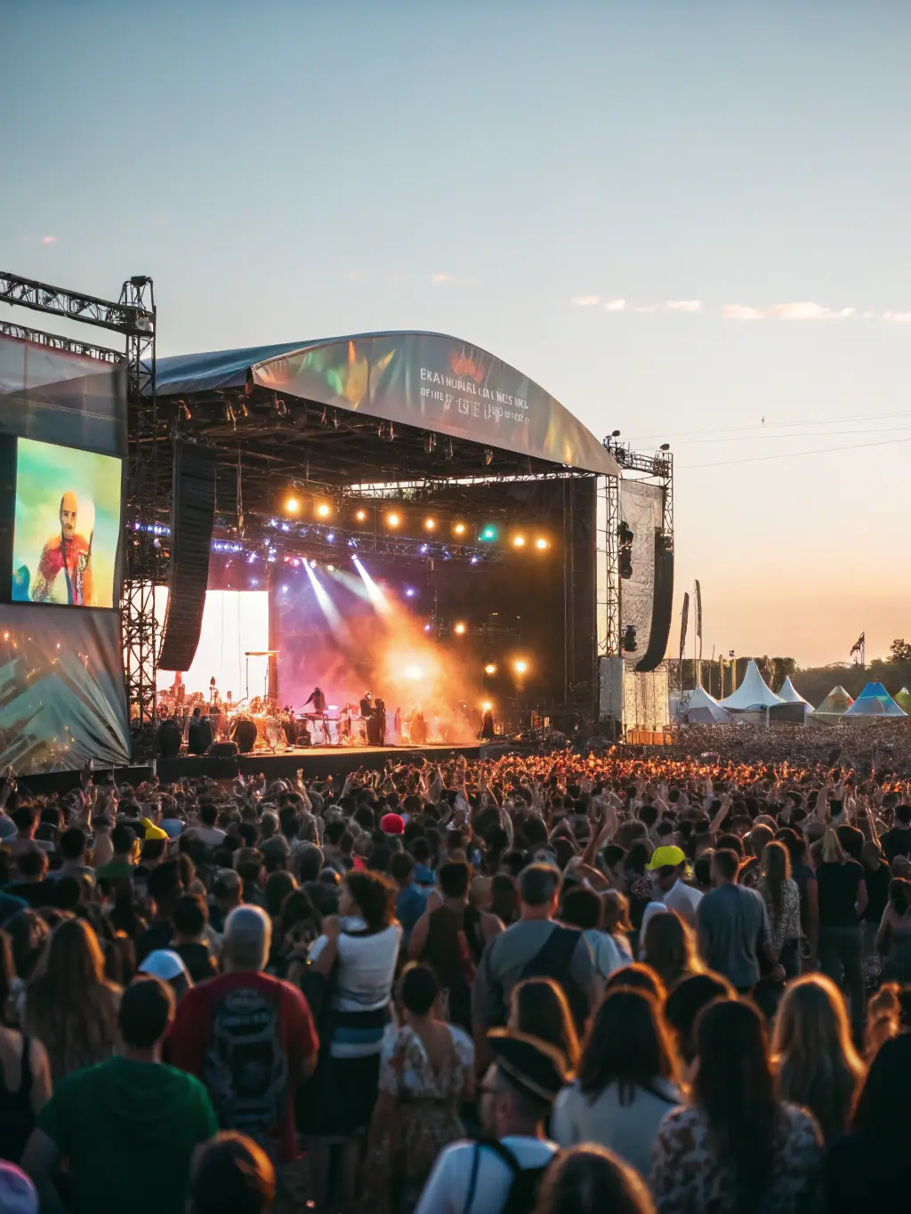 A vibrant image of a live outdoor concert with an engaged audience enjoying the performance under colorful lighting, representing the Cultural and Musical Events program.