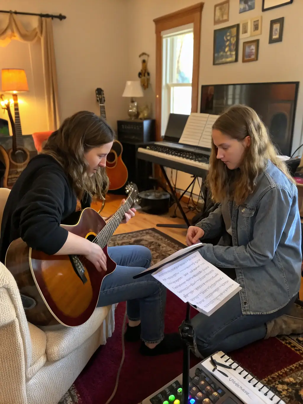 A candid shot of an emerging artist receiving mentorship from an experienced musician, illustrating ASS MES MEUHS STRA's dedication to artist support.