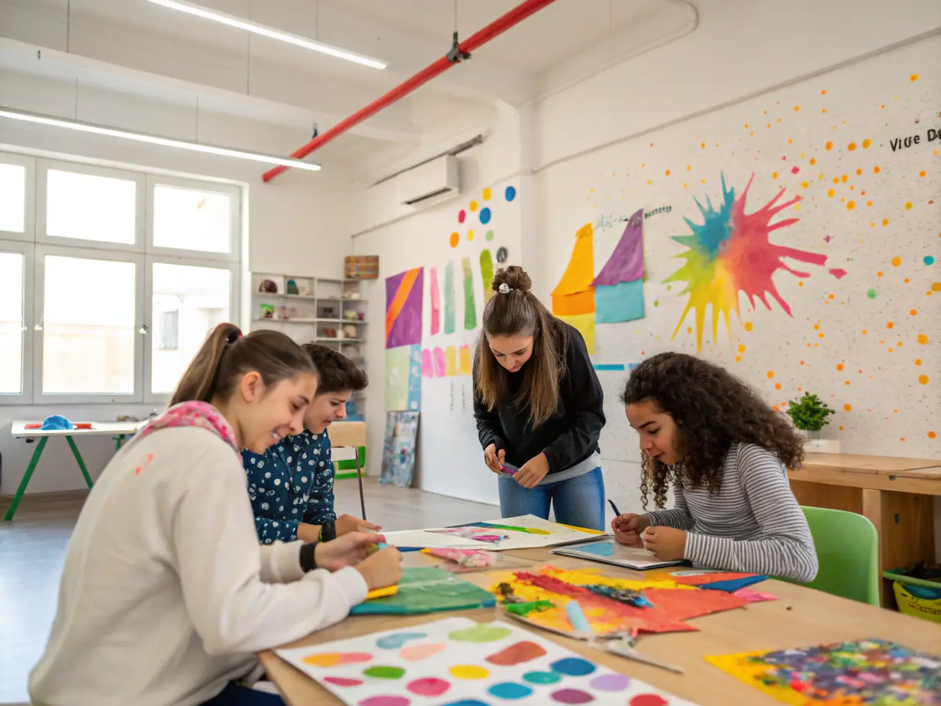 An image showing a group of young artists participating in a workshop led by ASS MES MEUHS STRA, focusing on artistic skill development and creative expression. The image should highlight the collaborative and educational aspects of the workshop.
