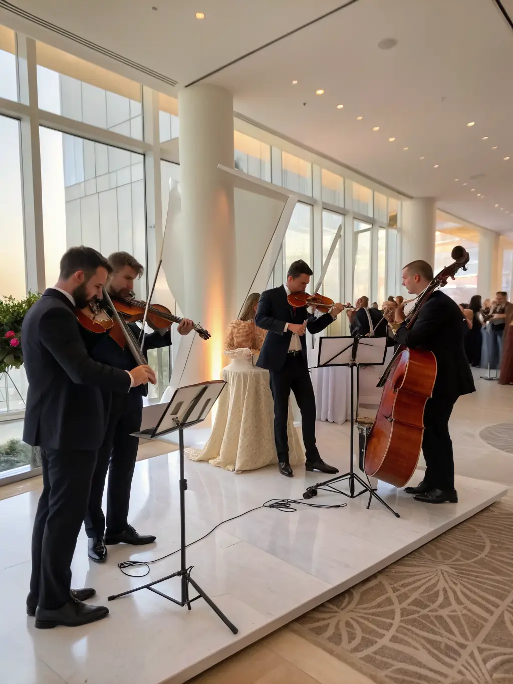 A high-quality photograph of a string quartet performing live at a concert organized by ASS MES MEUHS STRA, showcasing the organization's commitment to musical events.