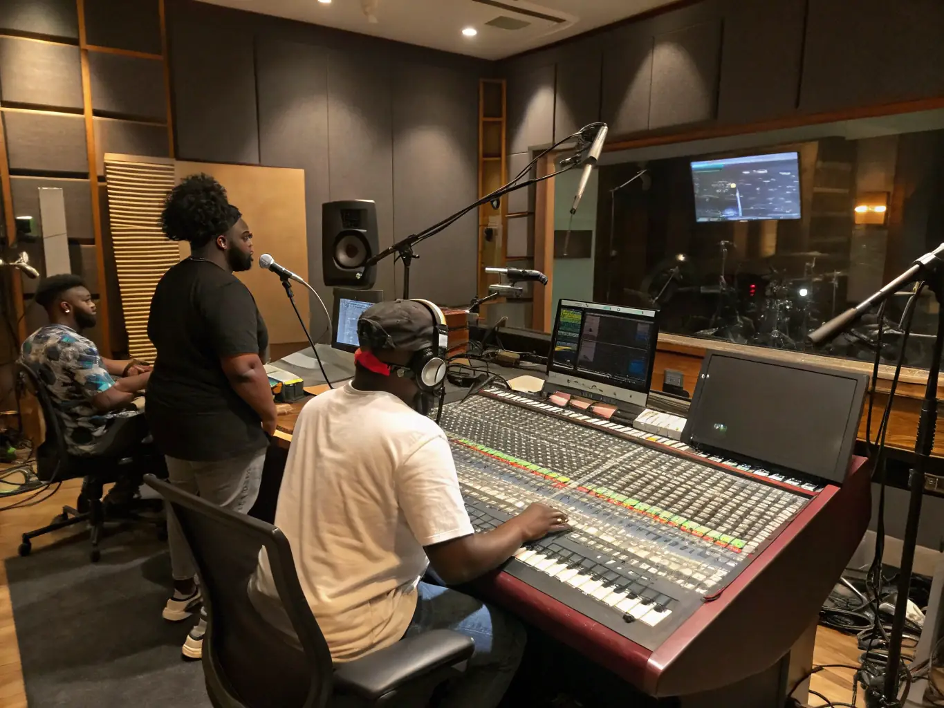 A behind-the-scenes look at content production, featuring artists and technicians collaborating on a recording or video project for ASS MES MEUHS STRA.