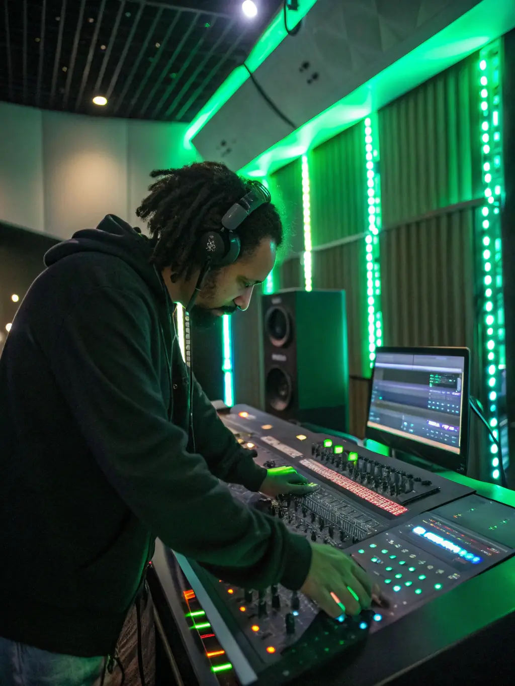 An artist in a recording studio surrounded by musical equipment, working on a new project, symbolizing the Artist Support and Development program.