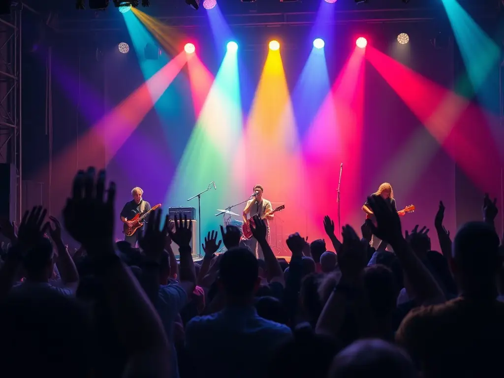 A vibrant concert scene with musicians performing on stage, capturing the energy and excitement of a live musical event organized by ASS MES MEUHS STRA.