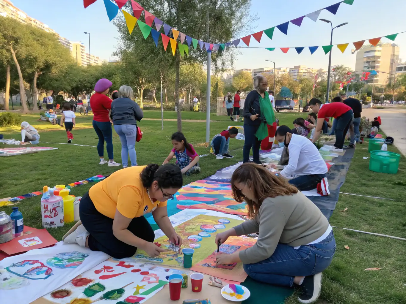 A photograph of an outdoor community event, with families and individuals participating in various art and craft activities, creating a sense of togetherness and creativity.