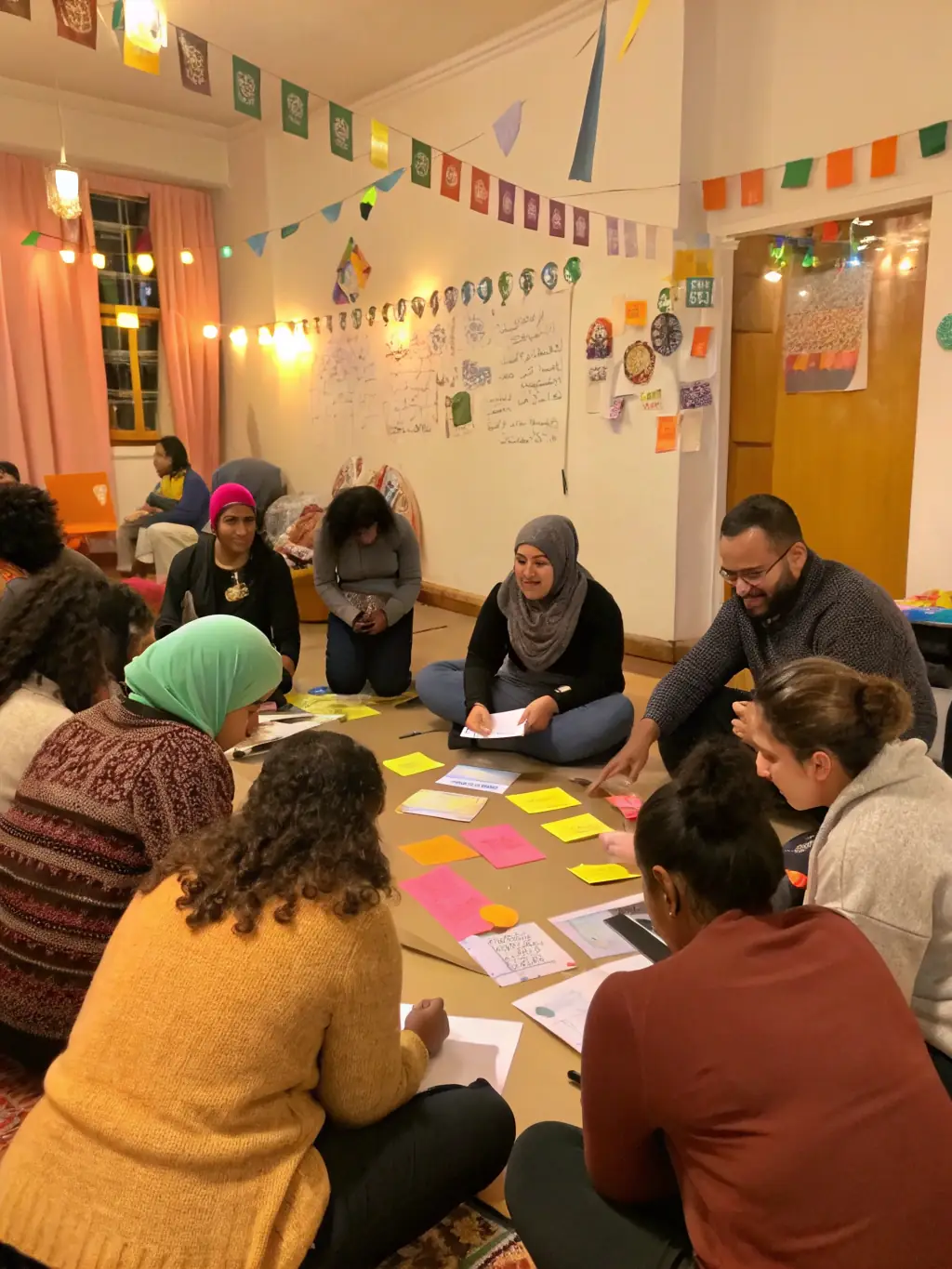 A vibrant image of a community arts workshop, showing participants actively engaged in a creative activity facilitated by ASS MES MEUHS STRA.