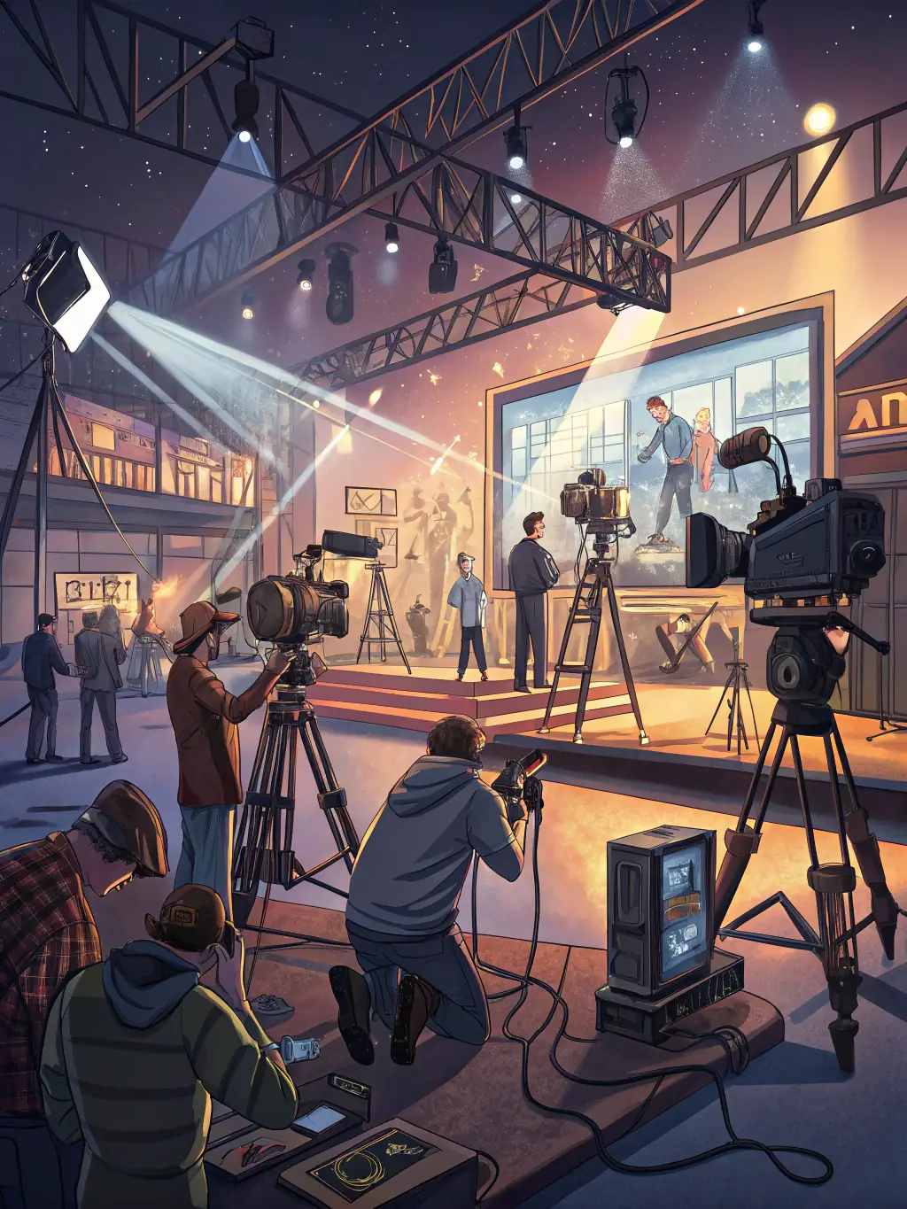 A team of creators filming a live performance in a studio setting with professional equipment, representing the Content Production and Dissemination program.