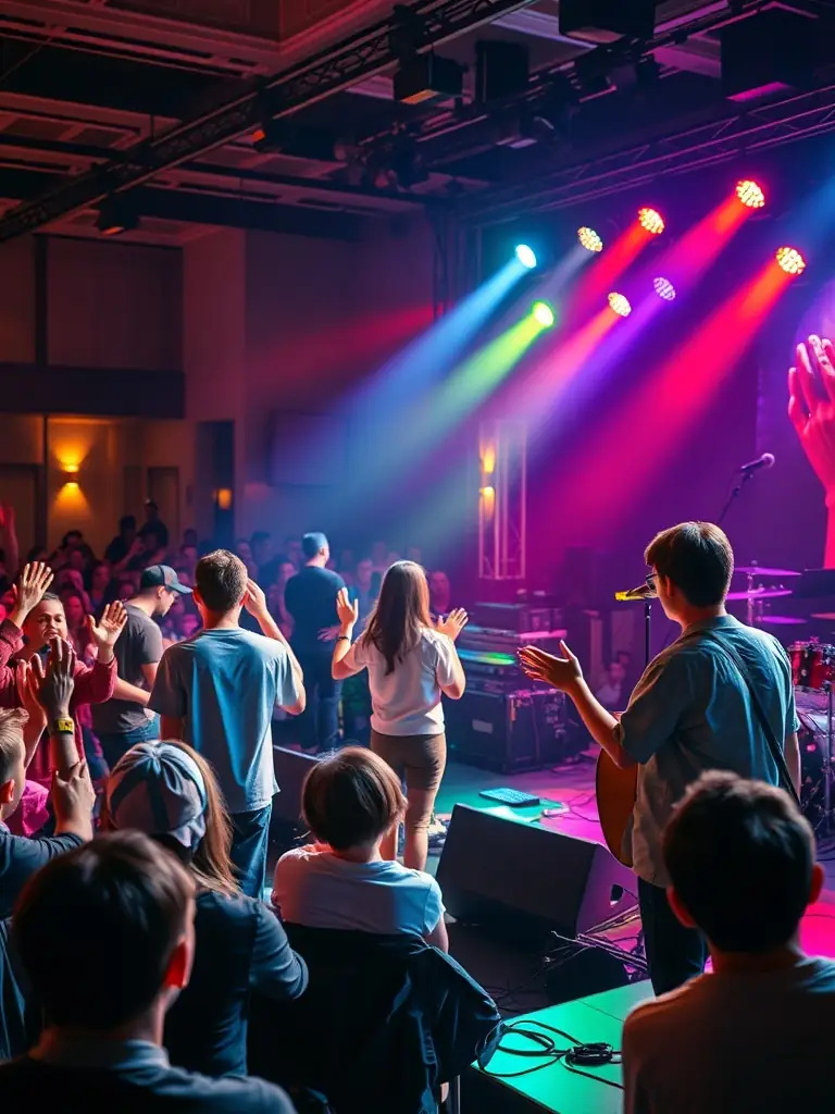 A vibrant image of a live concert organized by ASS MES MEUHS STRA, showcasing diverse musicians and an engaged audience, capturing the energy and community spirit of the event.