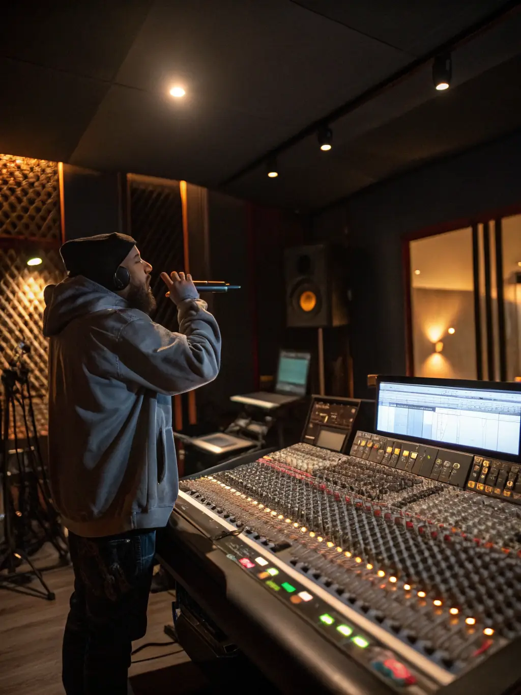 A visually appealing image of a recording session in a professional studio, highlighting ASS MES MEUHS STRA's involvement in producing artistic content.