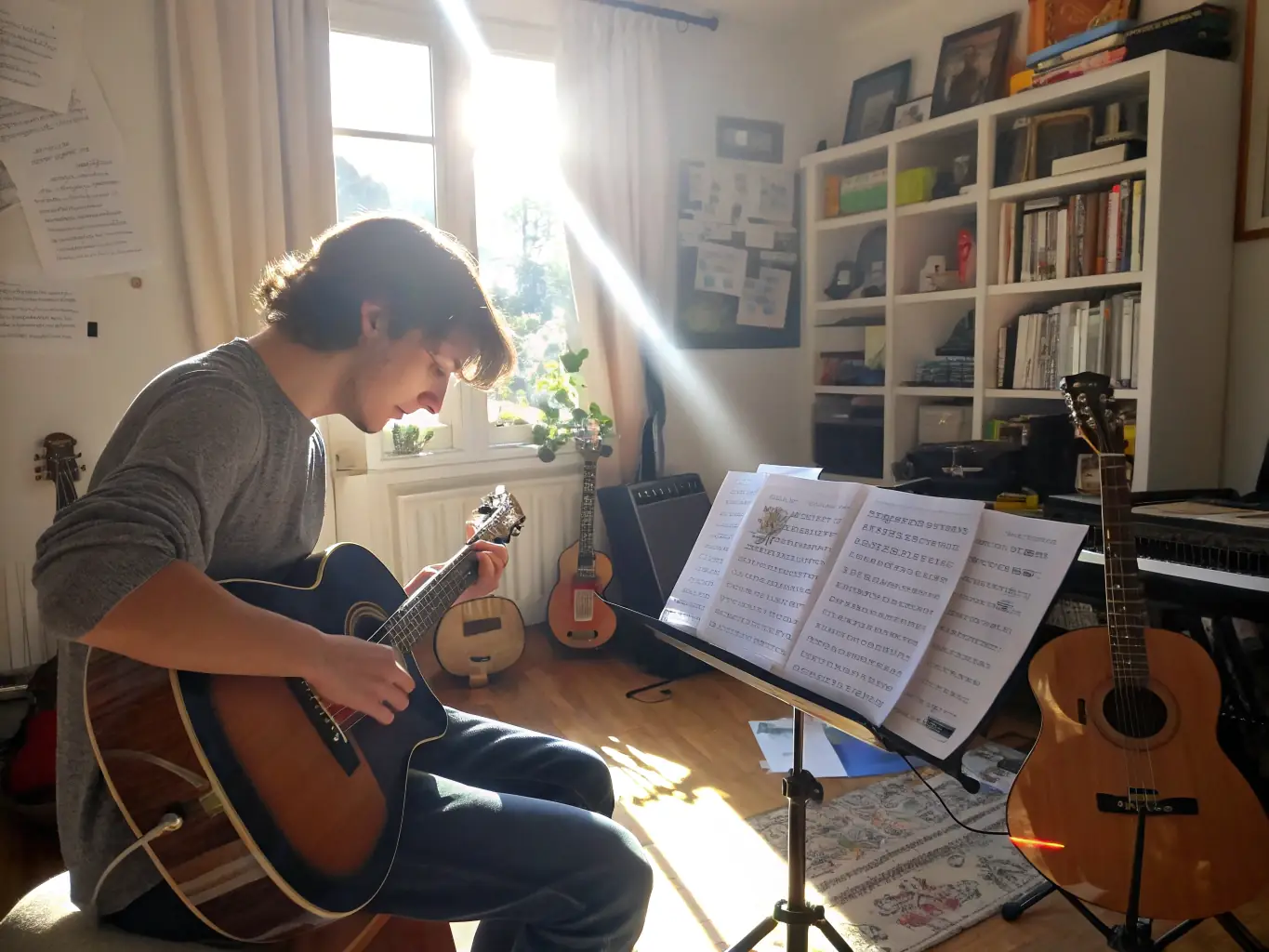 A photograph of a musician leading a workshop for emerging artists, demonstrating their commitment to artist support and development within ASS MES MEUHS STRA.