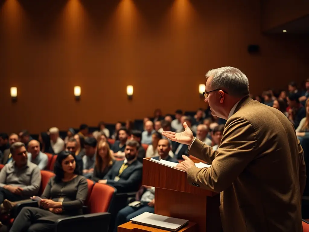A photograph of a speaker passionately addressing an audience at a cultural event organized by ASS MES MEUHS STRA, showcasing their engagement and expertise.