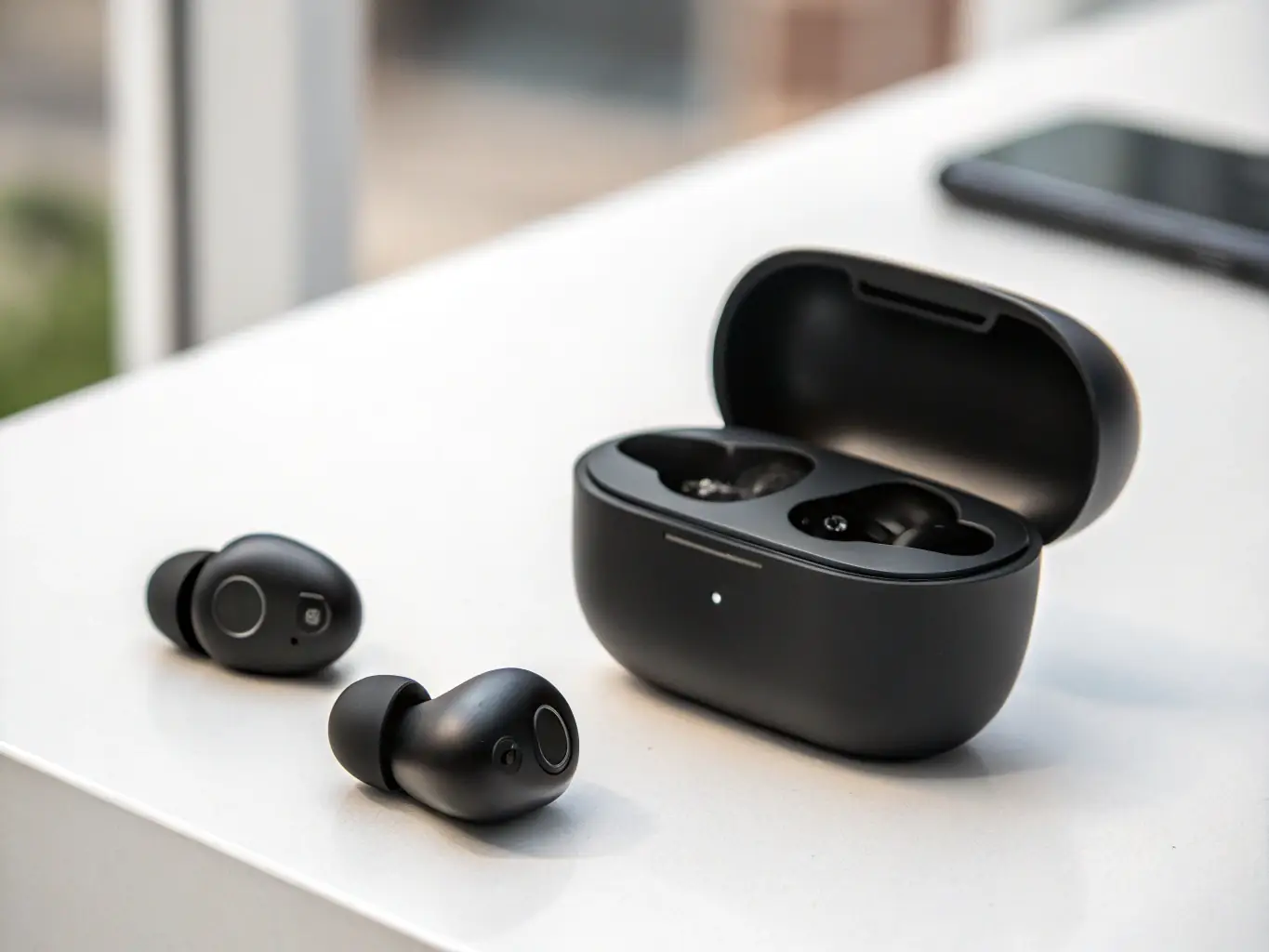 A pair of wireless earbuds displayed against a backdrop of an ASS MES MEUHS STRA event poster, showcasing their portability and convenience.